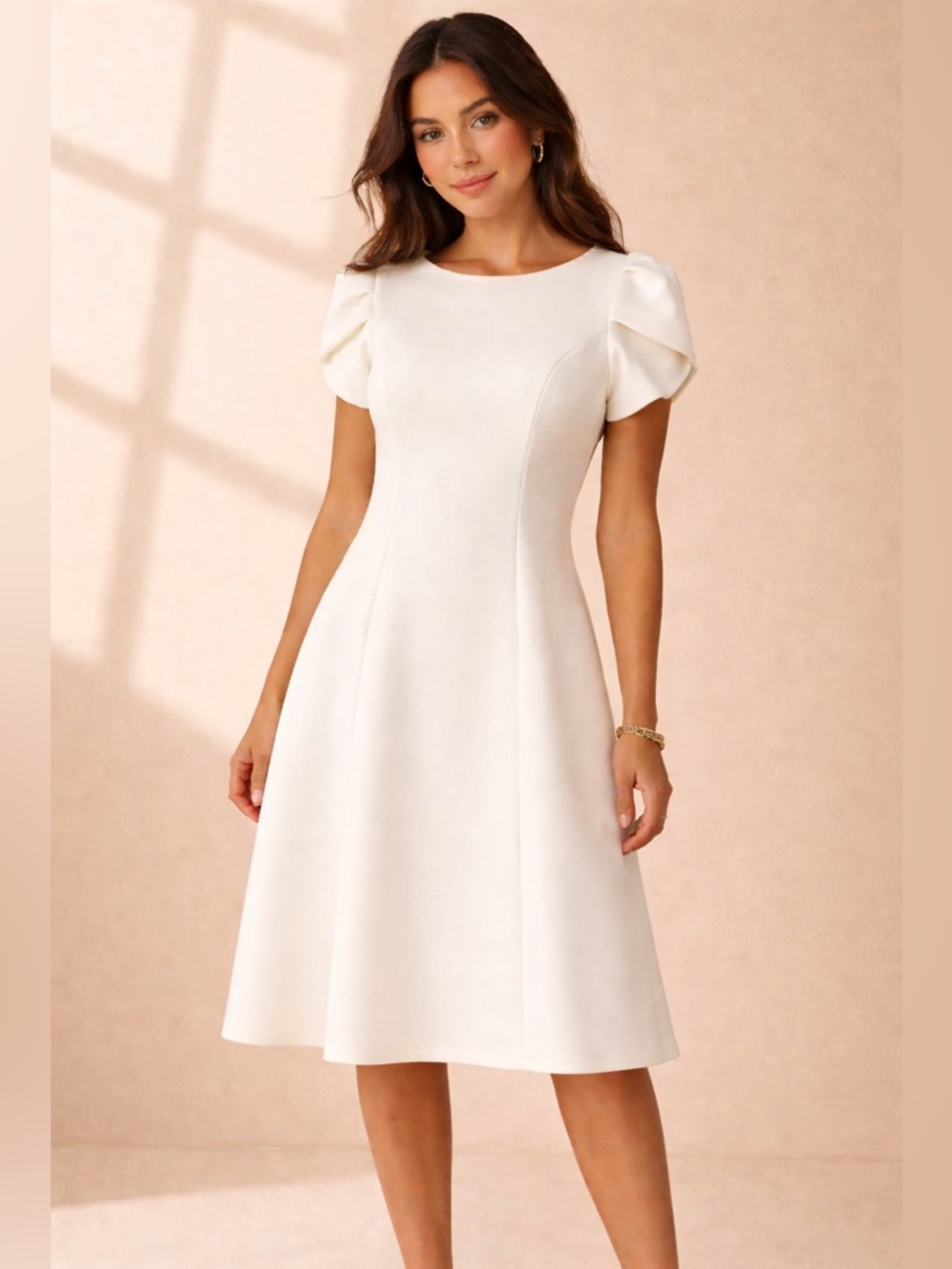 White Graduation Dress | Puff Sleeve A-Line Knee Length Dress | Size 14